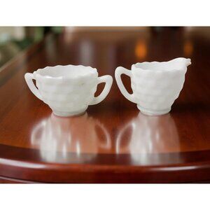 Vintage "Cube" Milk Glass Creamer and Sugar Bowl, Jeannette Glass